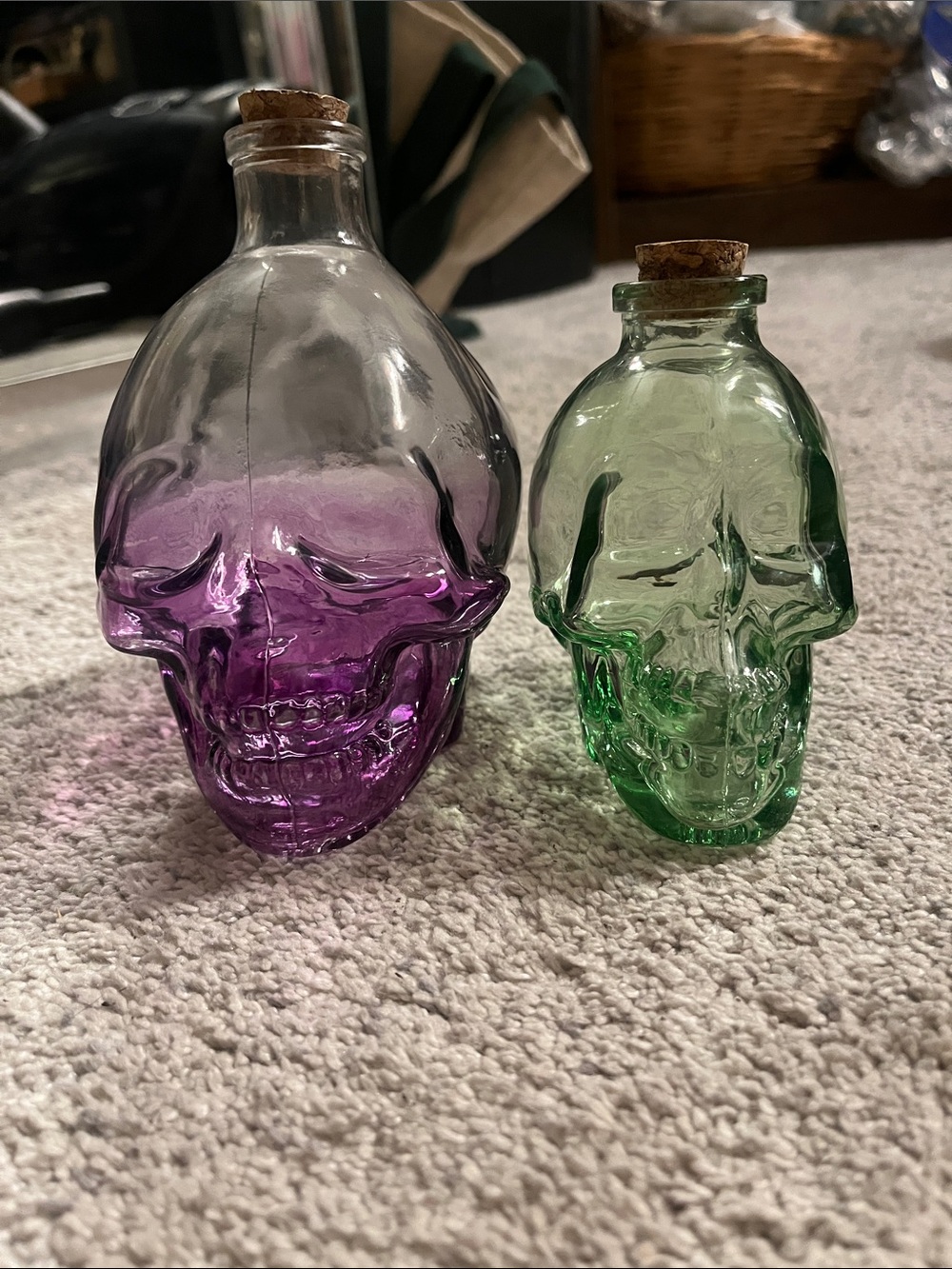 Glass Skull Bottle Set in Purple and Green - Decorative Home Accents